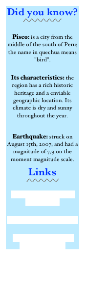 Did you know?
￼

Pisco: is a city from the middle of the south of Peru; the name in quechua means "bird".  
 Its characteristics: the region has a rich historic heritage and a enviable geographic location. Its climate is dry and sunny throughout the year. 

Earthquake: struck on August 15th, 2007; and had a magnitude of 7,9 on the moment magnitude scale. 
Links
￼
 Casa Hogar Illary ‘Ika on FACEBOOK 
Pisco Province in Wikipedia 
Paracas-Peru: Turism in Paracas, Pisco, Ica